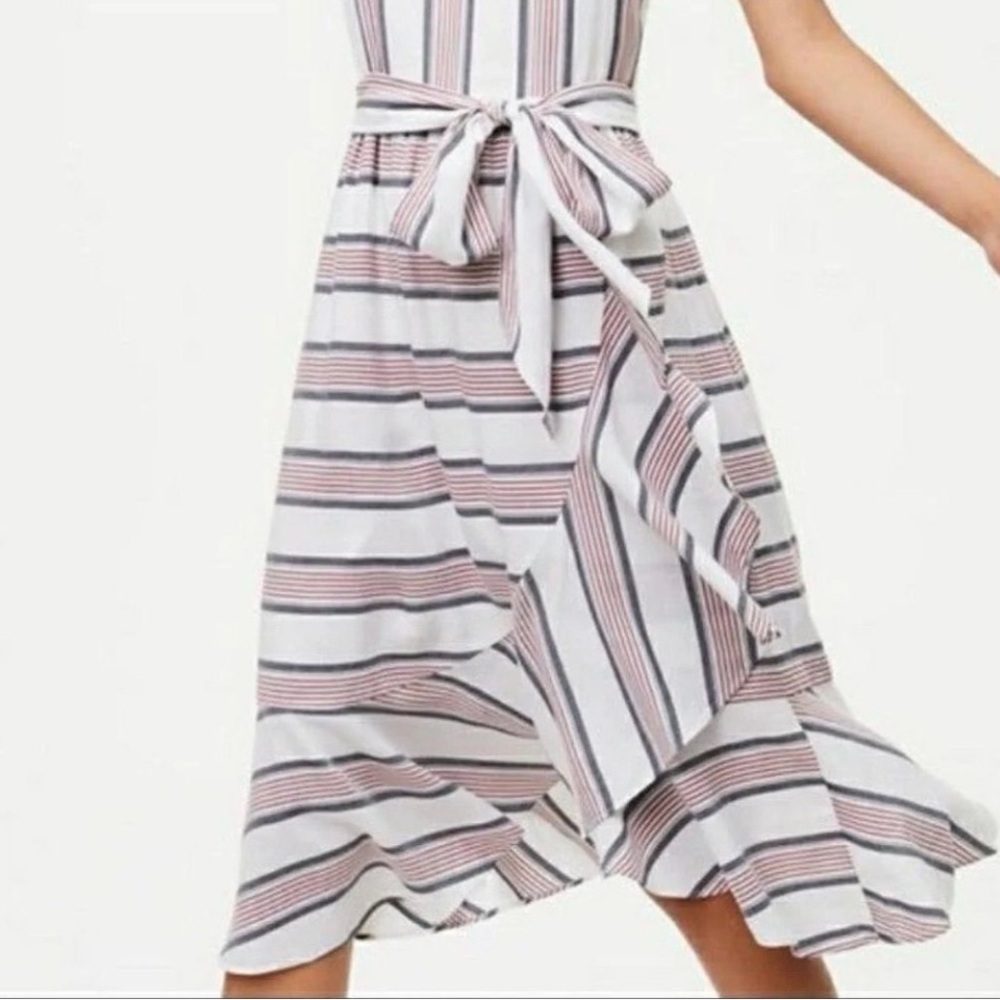 LOFT Striped Ruffle Faux Wrap Midi Dress Size 12 Feminine Preppy Nautical - Picture 2 of 8
